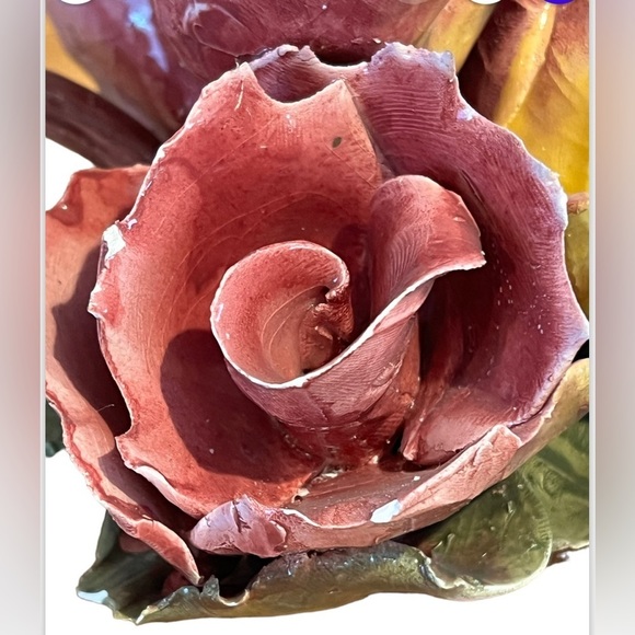 Vintage Pink Roses Pair Of Candle Stick Holders Italian Porcelain 5”T X 6”W - Picture 4 of 12